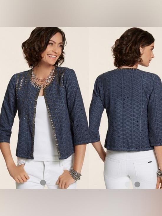 Chico's Jackets & Blazers - Chicos | Blue Eyelet Embellished Jacket size 4 / small beaded